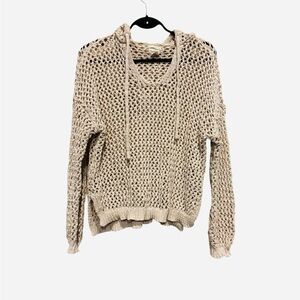 Artelier Nicole Miller Beige Open-Knit Hooded Boho Sweater